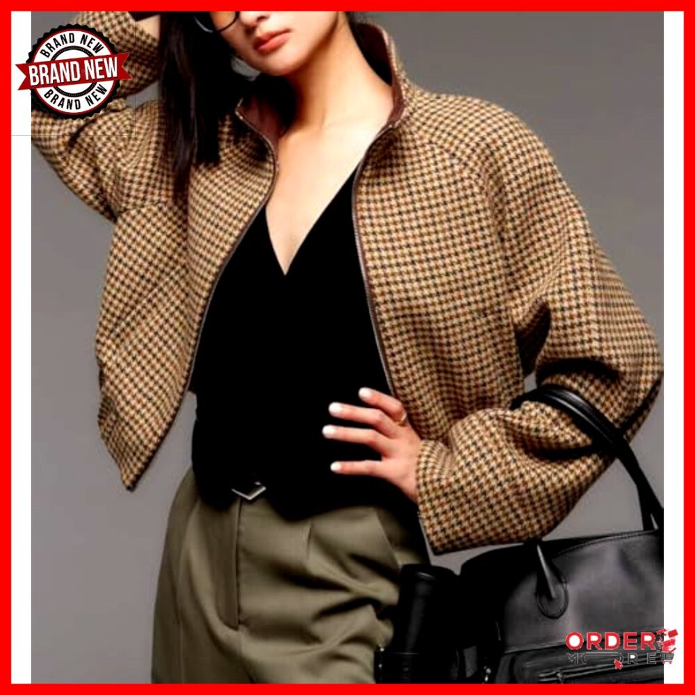 Wool Blend Cropped Bomber Jacket Regular Fit Houn… - image 2